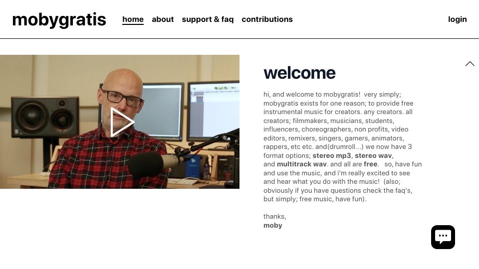 Screenshot of mobygratis.com: Mobygratis – Free Moby music to empower your creative projects