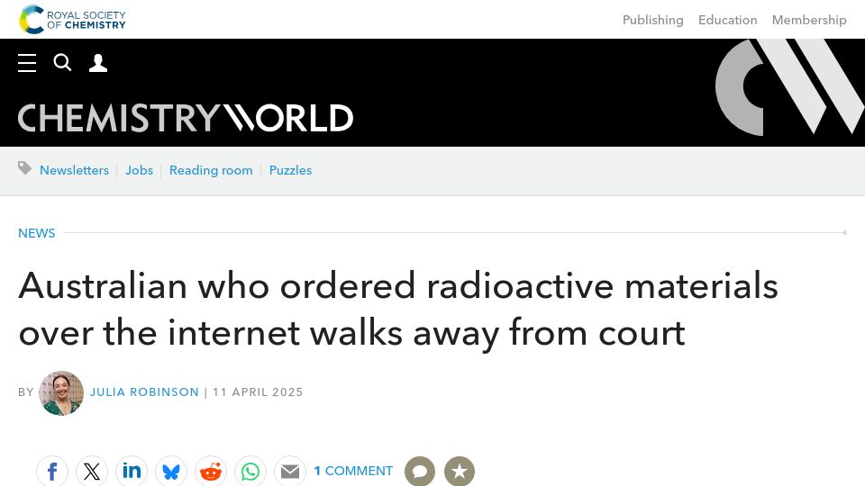 Screenshot of chemistryworld.com: Australian who ordered radioactive materials walks away from court