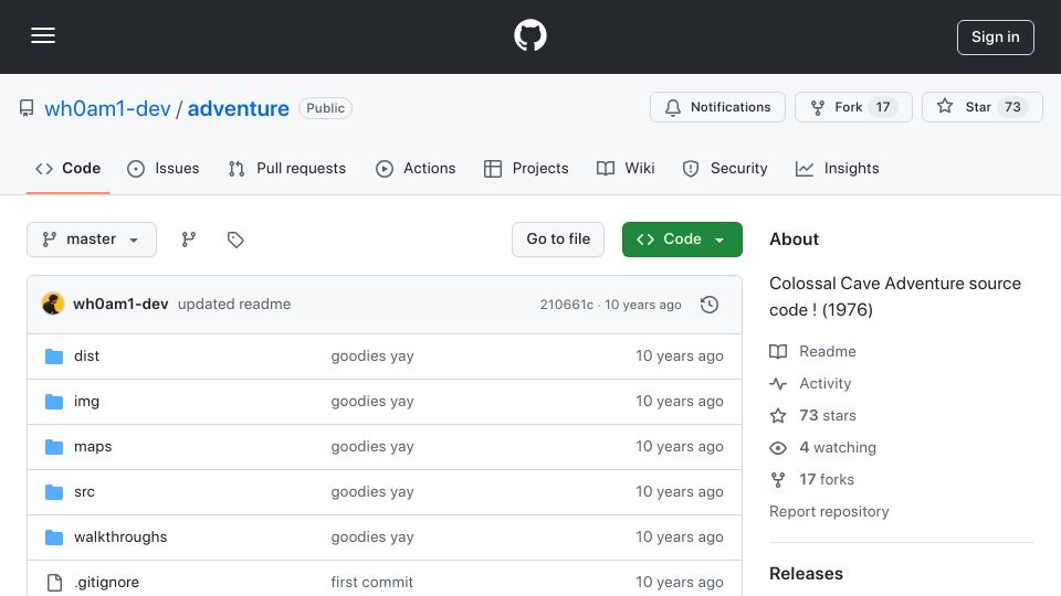 Screenshot of github.com: Colossal Cave Adventure (1976)
