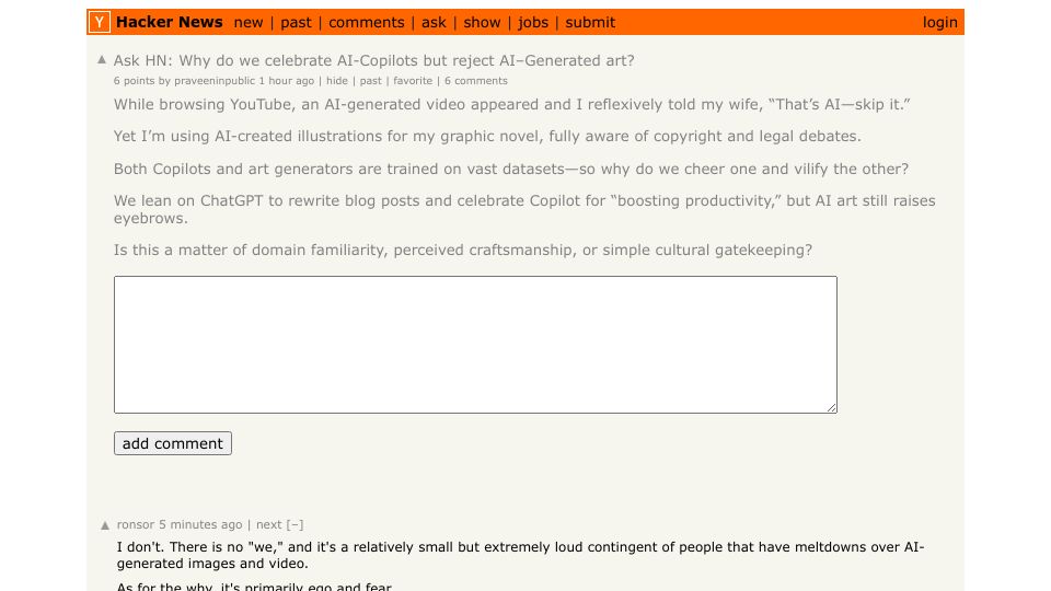 Screenshot of Hacker News post: Ask HN: Why do we celebrate AI-Copilots but reject AI–Generated art?