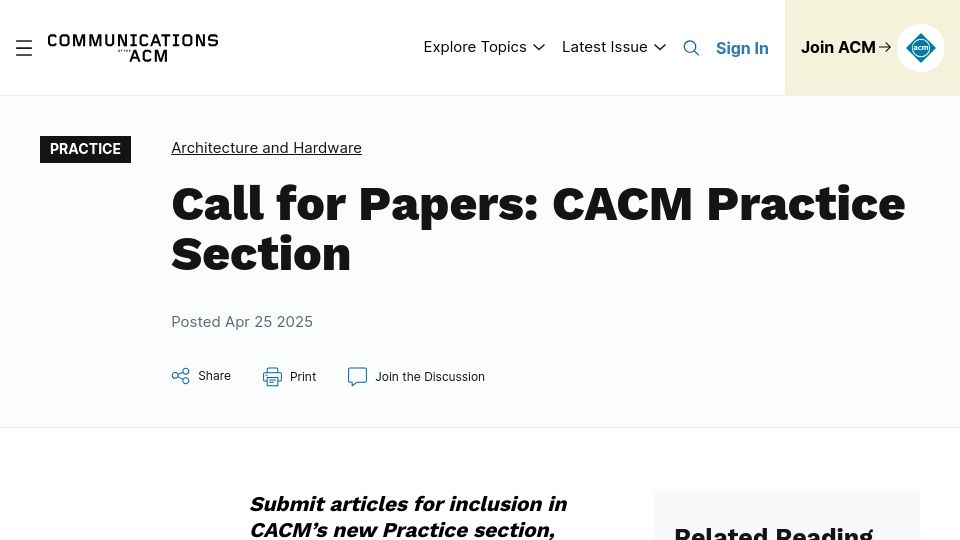 Screenshot of cacm.acm.org: ACM's flagship magazine seeks submissions by/for practitioners