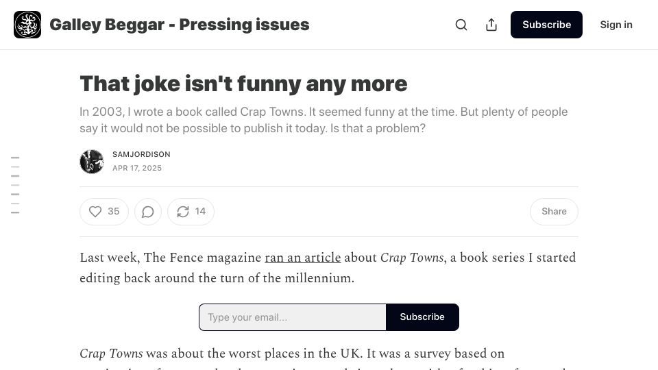 Screenshot of samj.substack.com: I wrote a book called “Crap Towns”. It seemed funny at the time