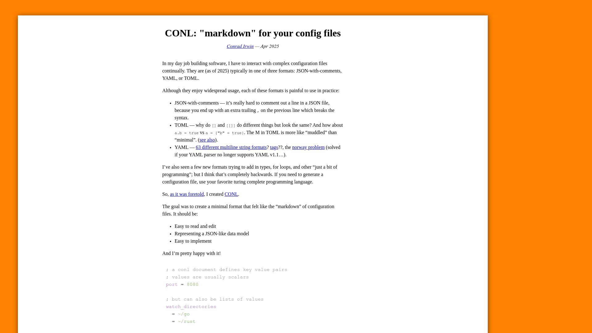 Screenshot of cirw.in: CONL: "Markdown" for your config files