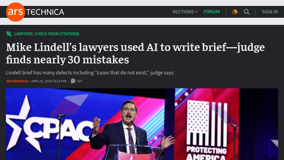 Screenshot of arstechnica.com: Mike Lindell's lawyers used AI to write brief–judge finds nearly 30 mistakes