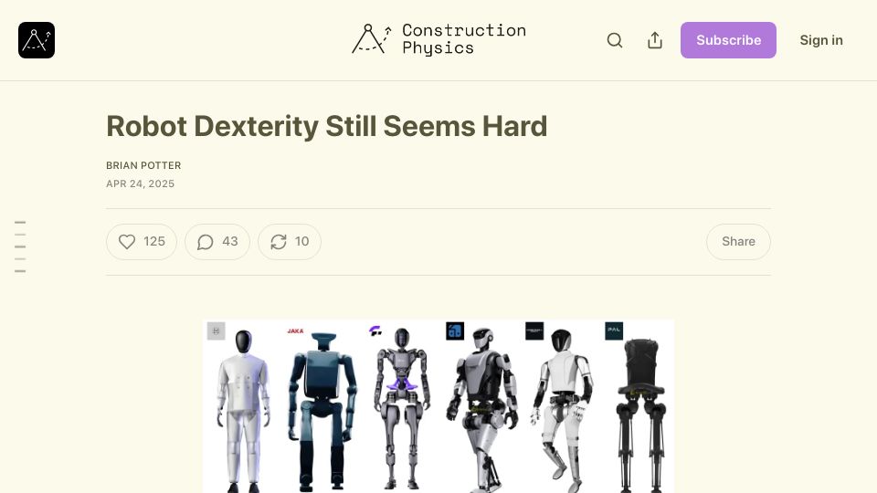 Screenshot of construction-physics.com: Robot Dexterity Still Seems Hard