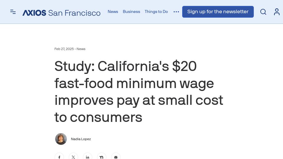 Screenshot of axios.com: California's $20 fast-food minimum wage improves pay at small cost to consumers