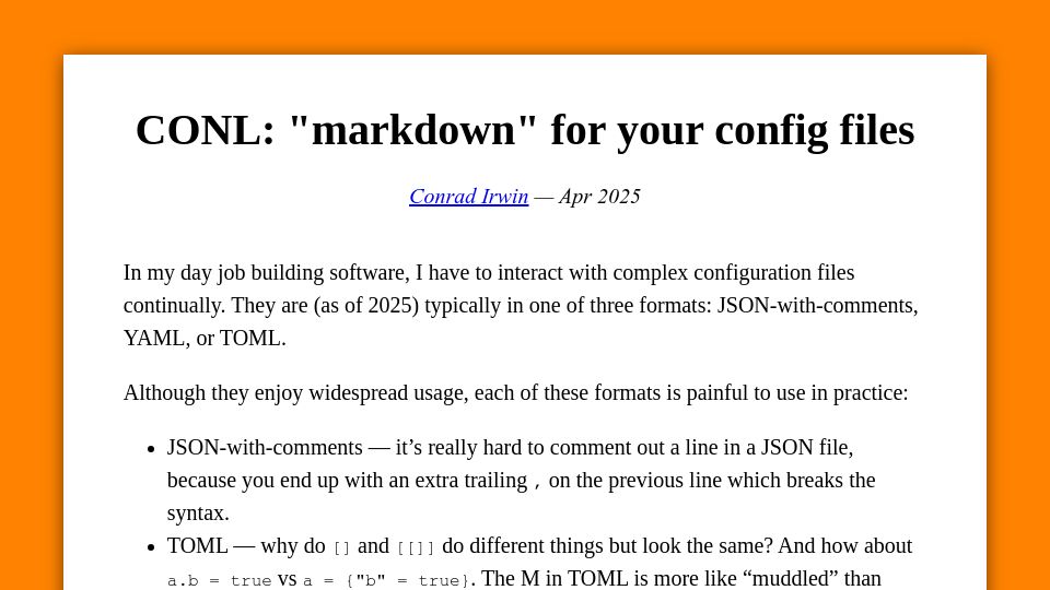 Screenshot of cirw.in: CONL: "Markdown" for your config files