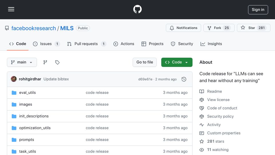 Screenshot of github.com: LLMs can see and hear without any training