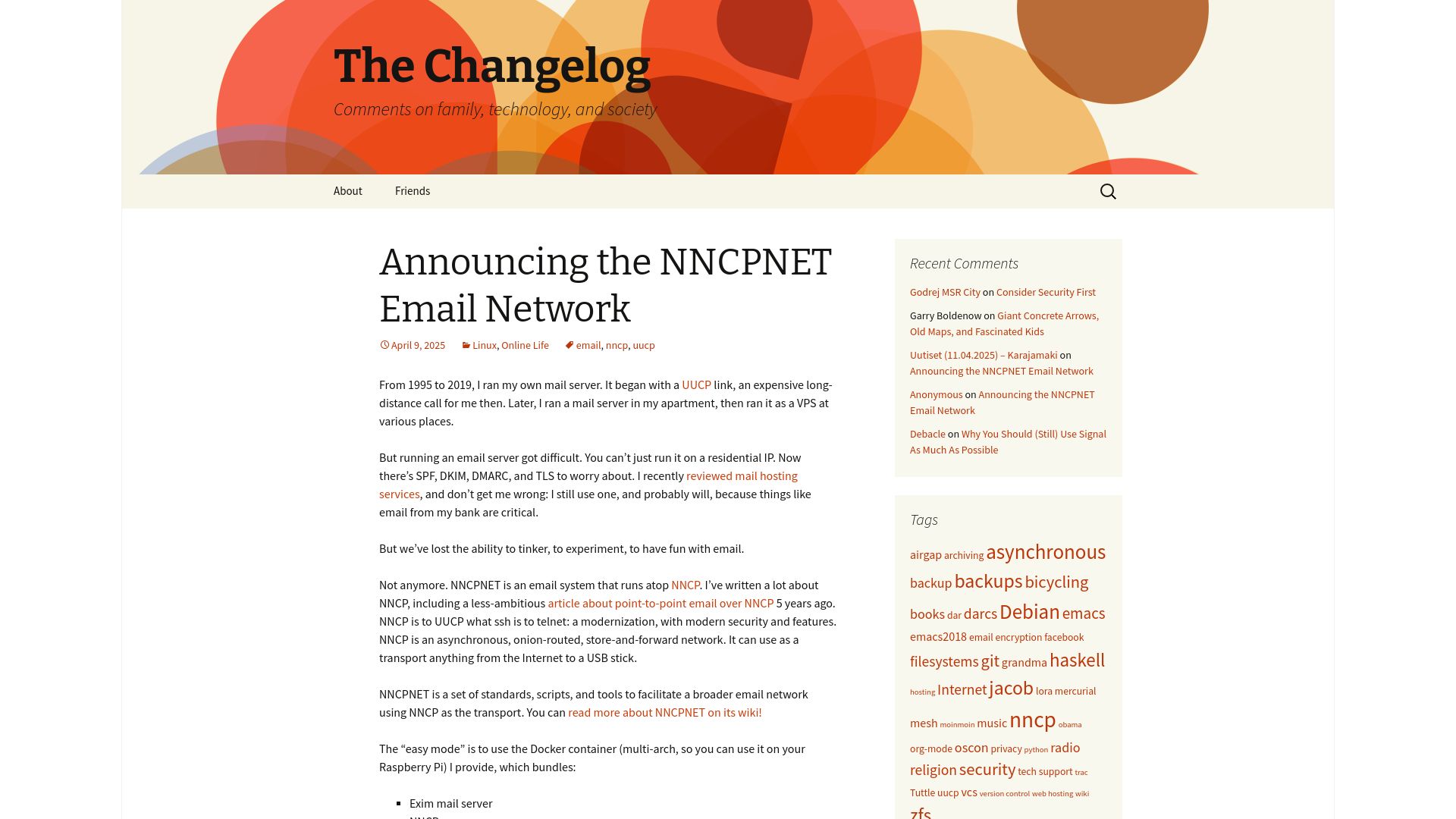 Screenshot of changelog.complete.org: The NNCPNET Email Network