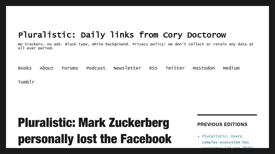 Screenshot of pluralistic.net: Mark Zuckerberg personally lost the Facebook antitrust case