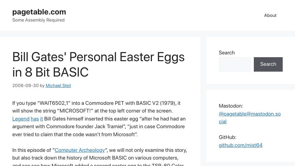 Screenshot of pagetable.com: Bill Gates's Personal Easter Eggs in 8 Bit BASIC (2008)