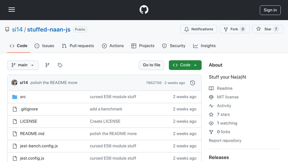 Screenshot of github.com: Stuffed-Na(a)N: stuff your NaNs