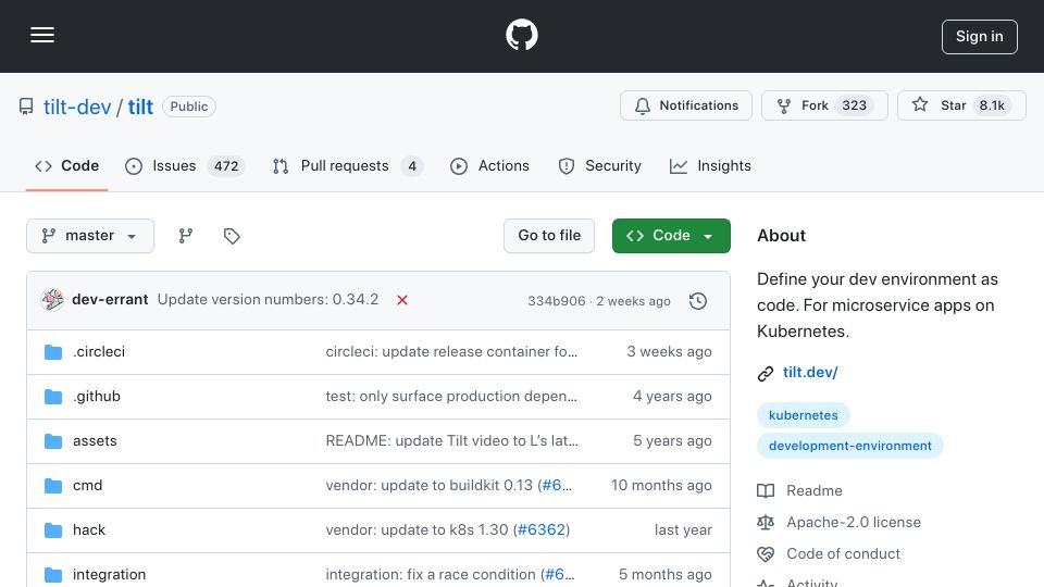 Screenshot of github.com: Tilt: dev environment as code