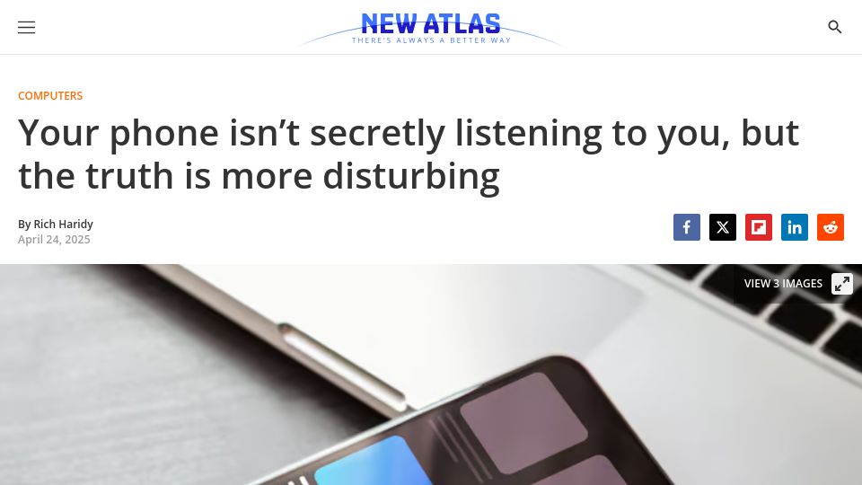 Screenshot of newatlas.com: Your phone isn't secretly listening to you, but the truth is more disturbing