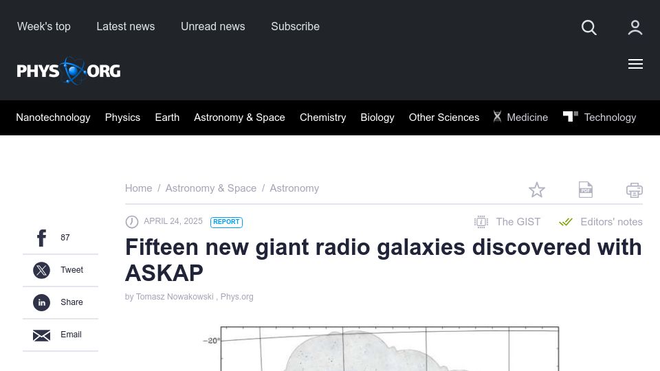 Screenshot of phys.org: Fifteen new giant radio galaxies discovered with ASKAP