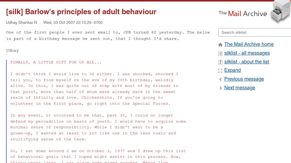 Screenshot of mail-archive.com: Barlow's Principles of Adult Behaviour