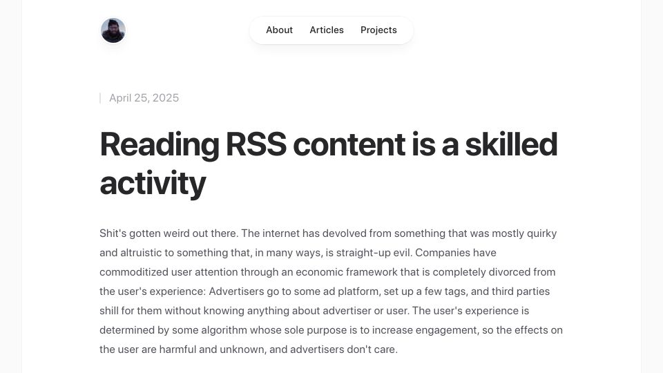 Screenshot of doliver.org: Reading RSS content is a skilled activity