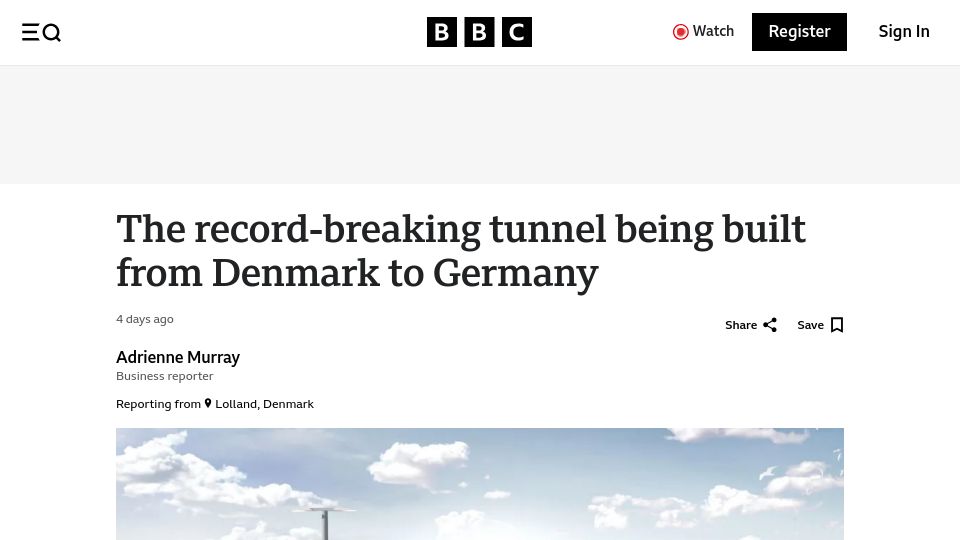 Screenshot of bbc.com: The record-breaking tunnel being built from Denmark to Germany