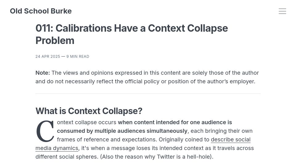 Screenshot of oldschoolburke.com: Calibrations Have a Context-Collapse Problem