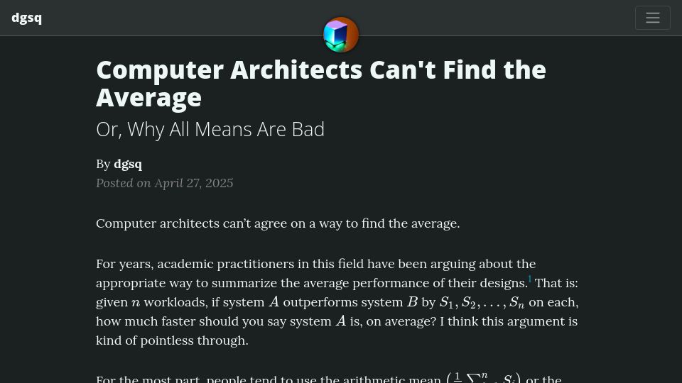 Screenshot of dgsq.net: Computer Architects Can't Find the Average
