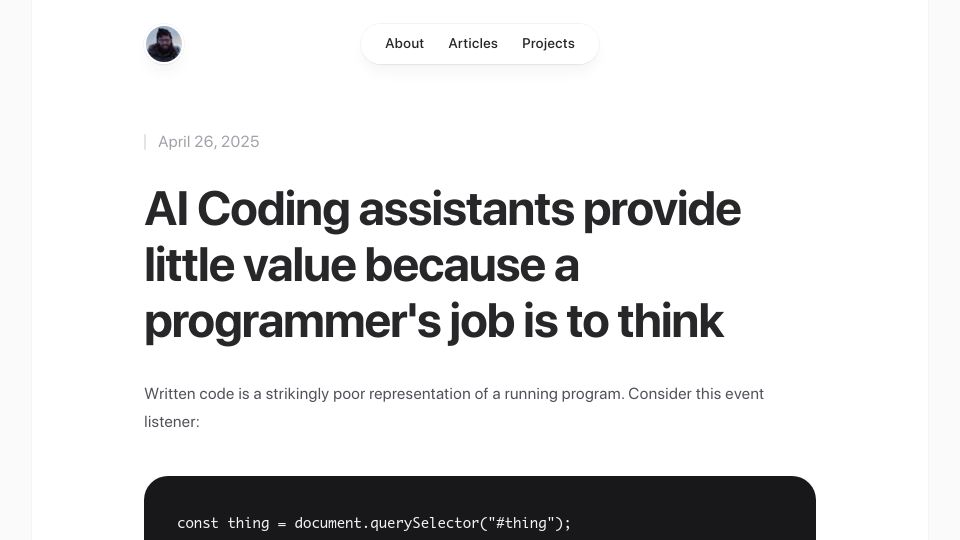 Screenshot of doliver.org: AI Coding assistants provide little value because a programmer's job is to think