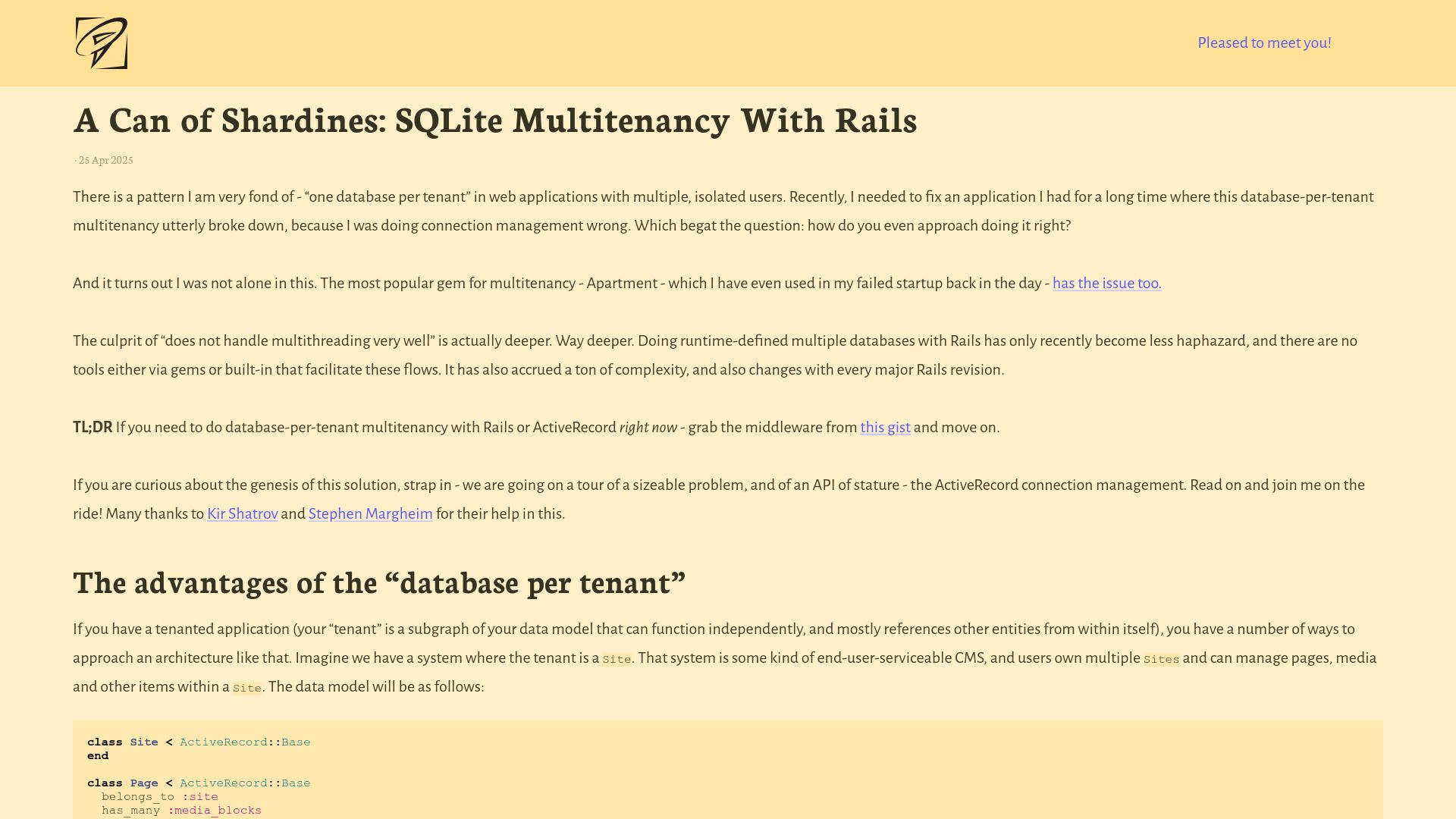 Screenshot of blog.julik.nl: Shardines: SQLite3 Database-per-Tenant with ActiveRecord