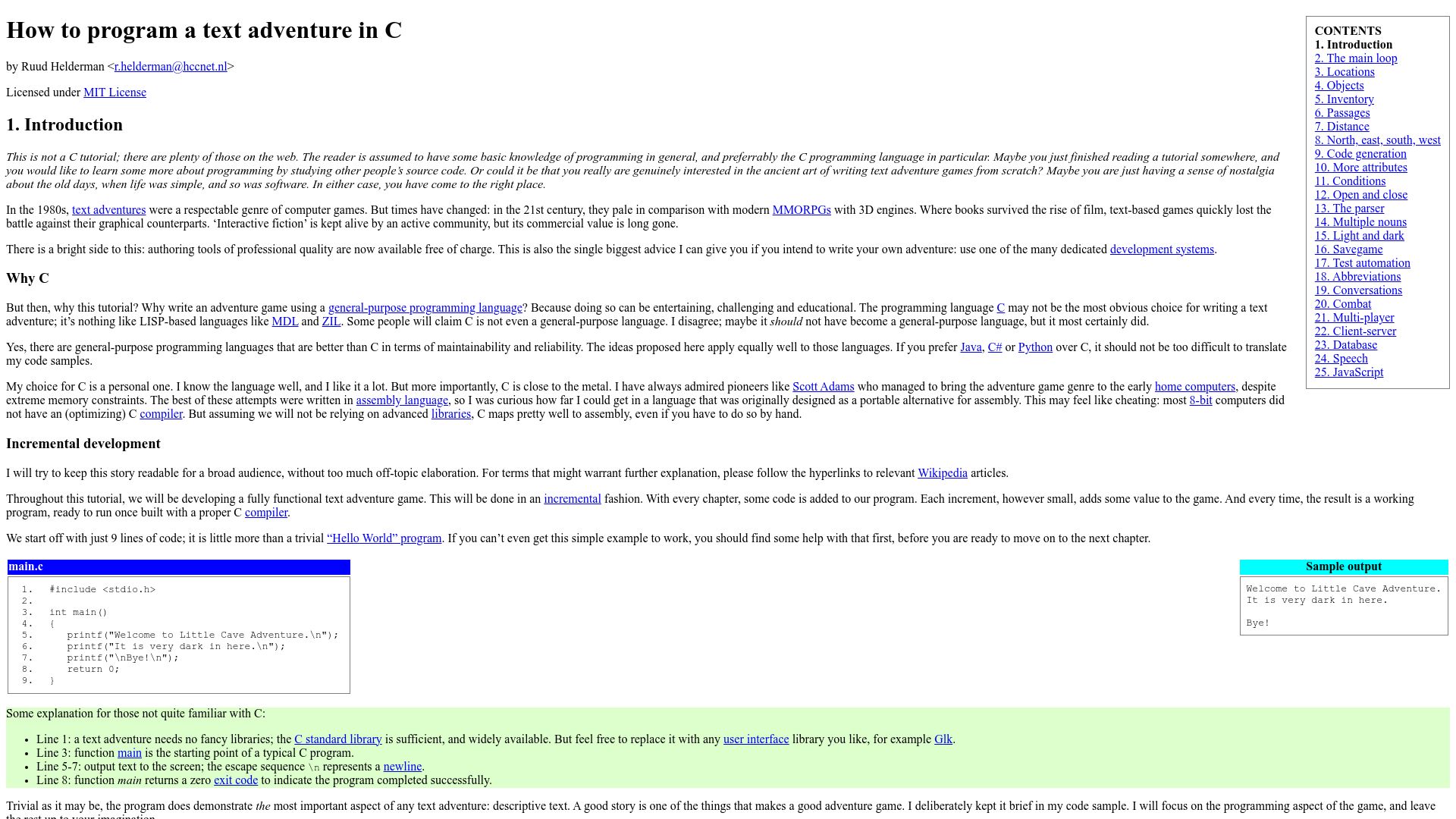 Screenshot of helderman.github.io: How to program a text adventure in C