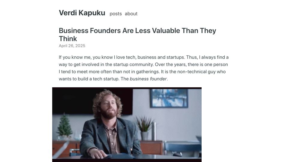 Screenshot of verdikapuku.com: Business co-founders in tech startups are less valuable than they think