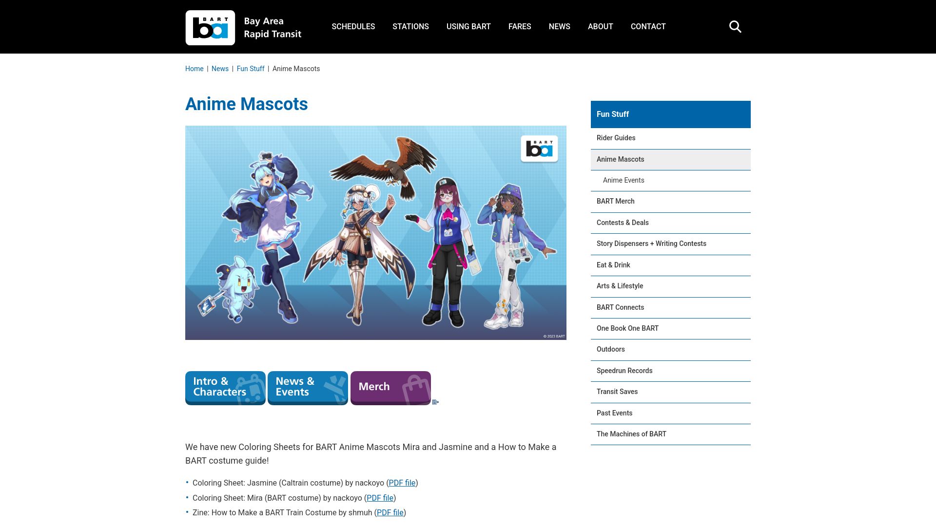 Screenshot of bart.gov: BART's Anime Mascots