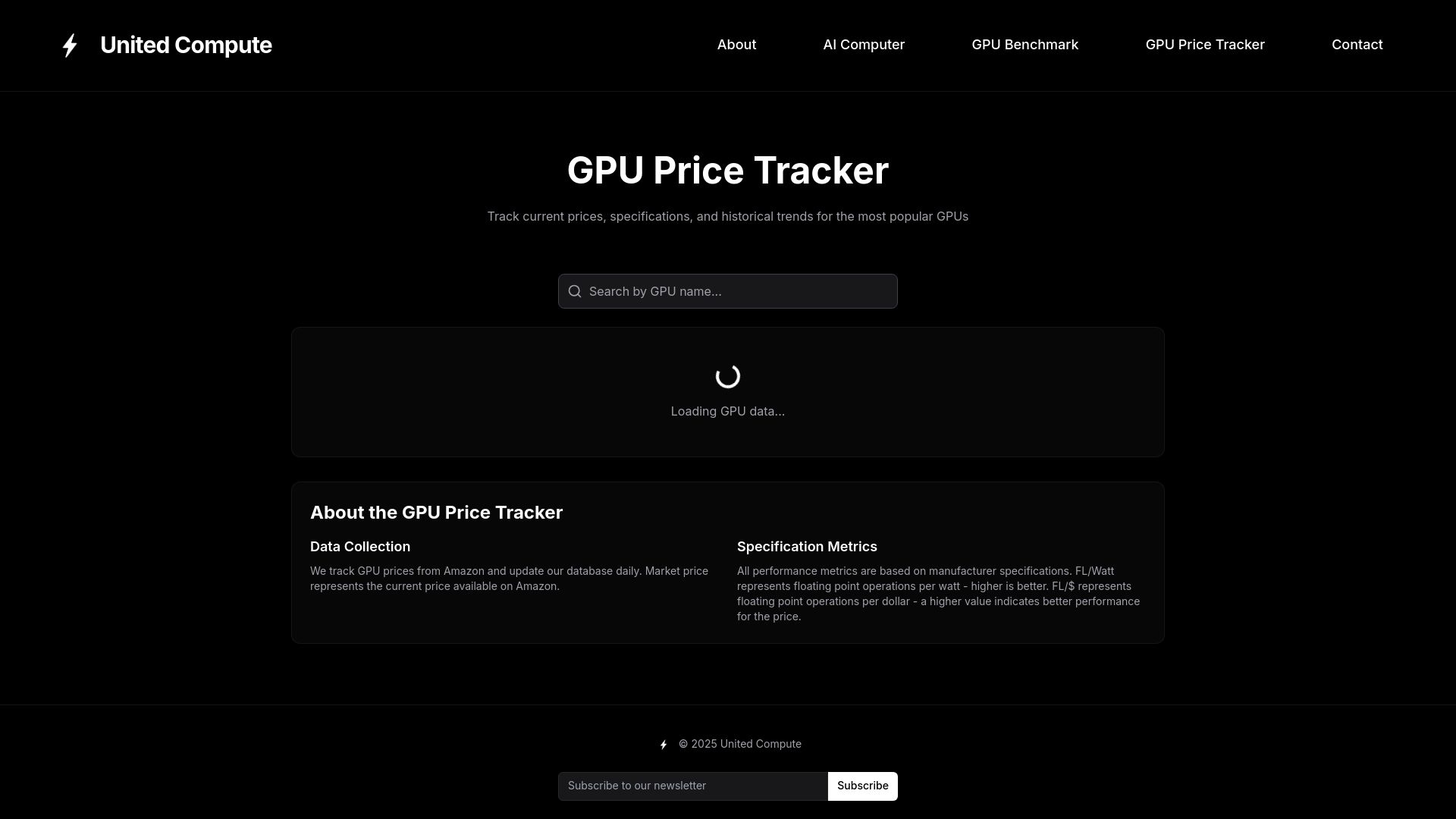 Screenshot of unitedcompute.ai: GPU Price Tracker
