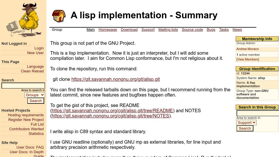 Screenshot of savannah.nongnu.org: Show HN: A Common Lisp implementation in development, supports ASDF