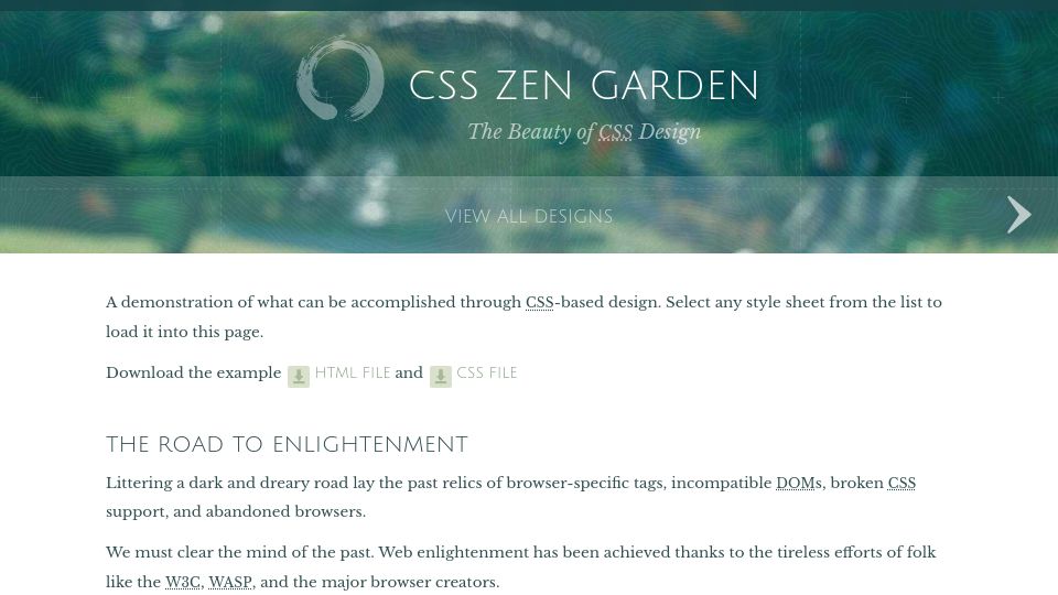 Screenshot of csszengarden.com: CSS Zen Garden (2003–)