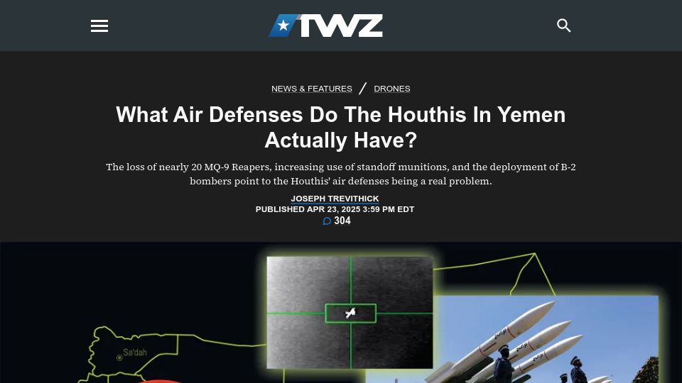 Screenshot of twz.com: What Air Defenses Do the Houthis in Yemen Have?