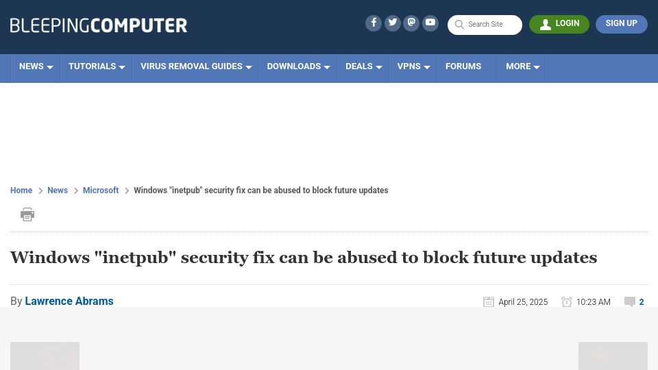 Screenshot of bleepingcomputer.com: Windows "inetpub" security fix can be abused to block future updates