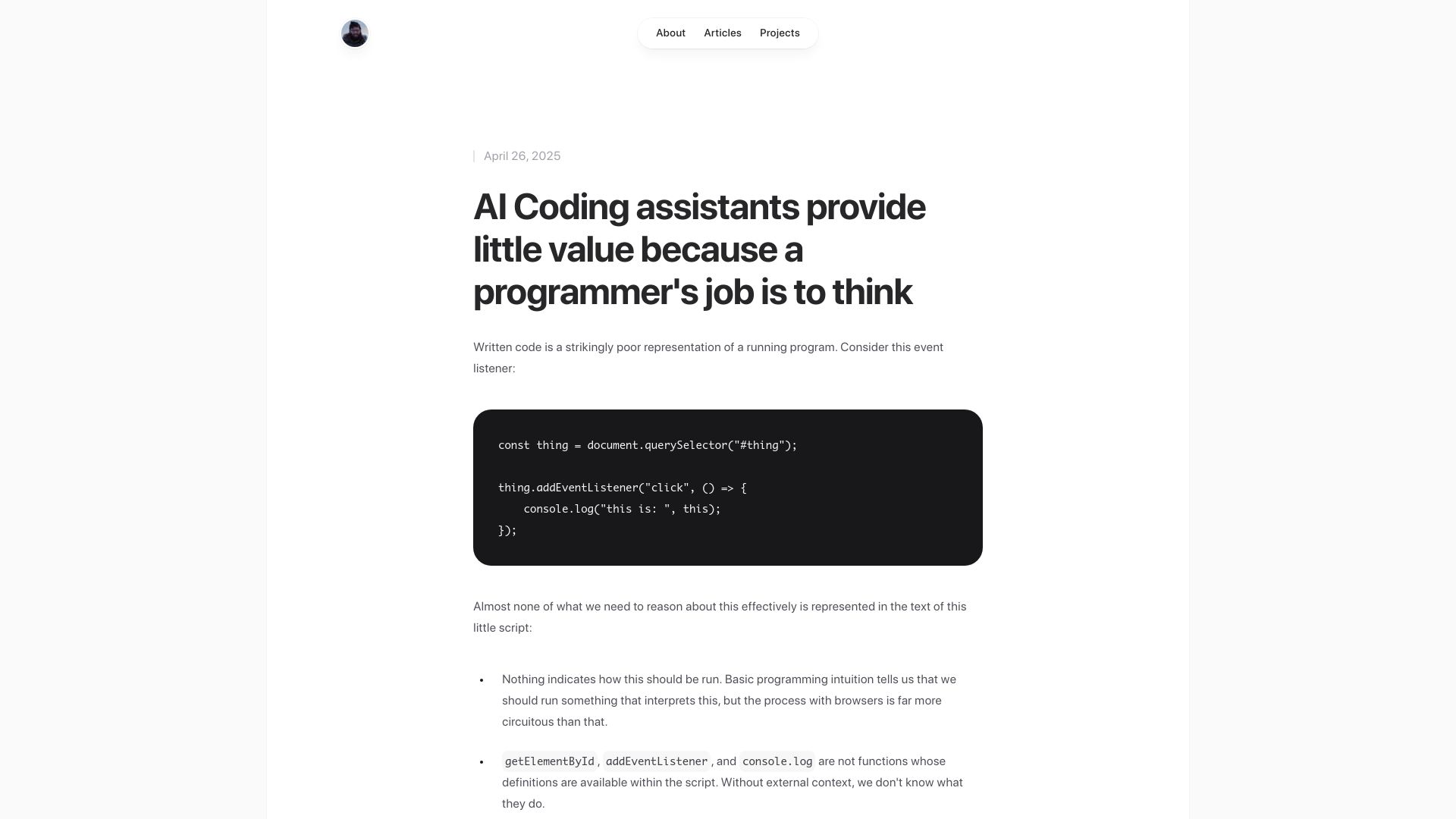 Screenshot of doliver.org: AI Coding assistants provide little value because a programmer's job is to think