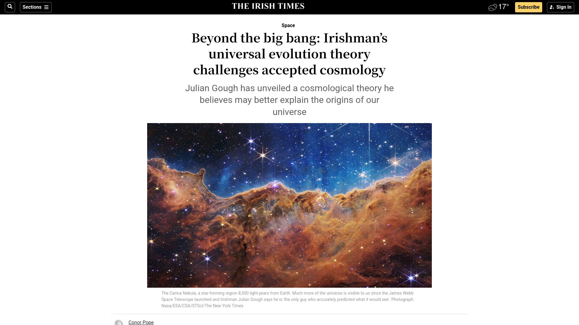 Screenshot of irishtimes.com: Irishman's universal evolution theory challenges accepted cosmology