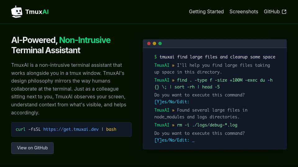 Screenshot of tmuxai.dev: TmuxAI: AI-Powered, Non-Intrusive Terminal Assistant