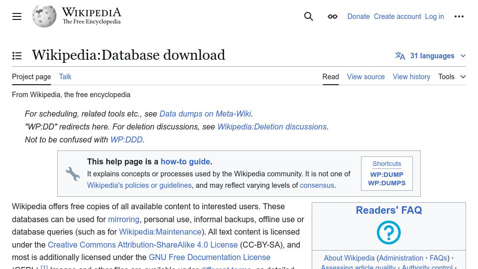Screenshot of en.wikipedia.org: Wikipedia: Database Download