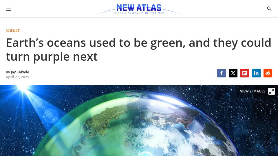 Screenshot of newatlas.com: Earth's oceans used to be green, and they could turn purple next