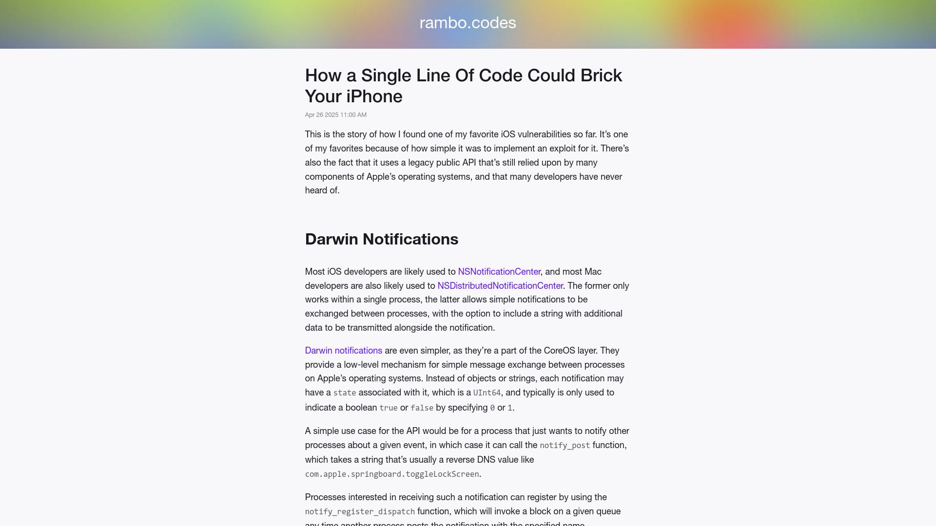 Screenshot of rambo.codes: How a single line of code could brick your iPhone