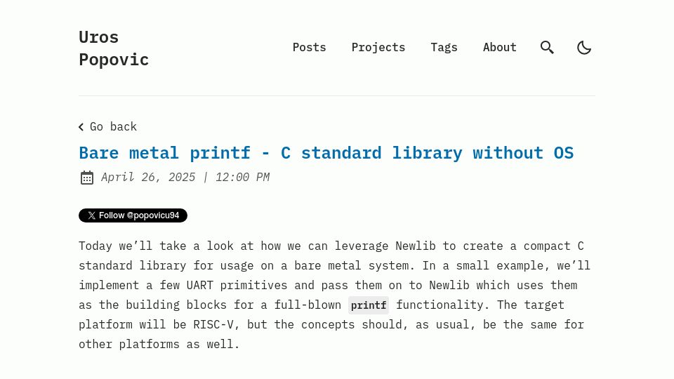Screenshot of popovicu.com: Bare metal printf – C standard library without OS