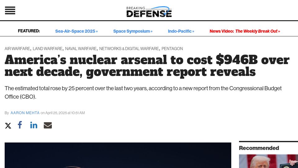 Screenshot of breakingdefense.com: America's nuclear arsenal to cost $946B over next decade