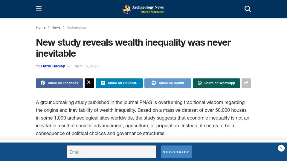 Screenshot of archaeologymag.com: New study reveals wealth inequality was never inevitable