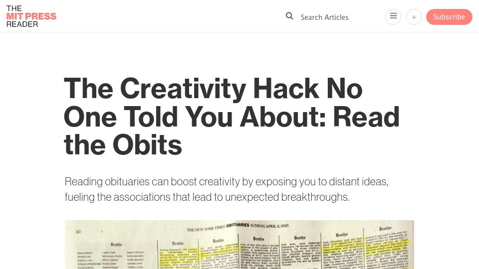 Screenshot of thereader.mitpress.mit.edu: Read the Obits