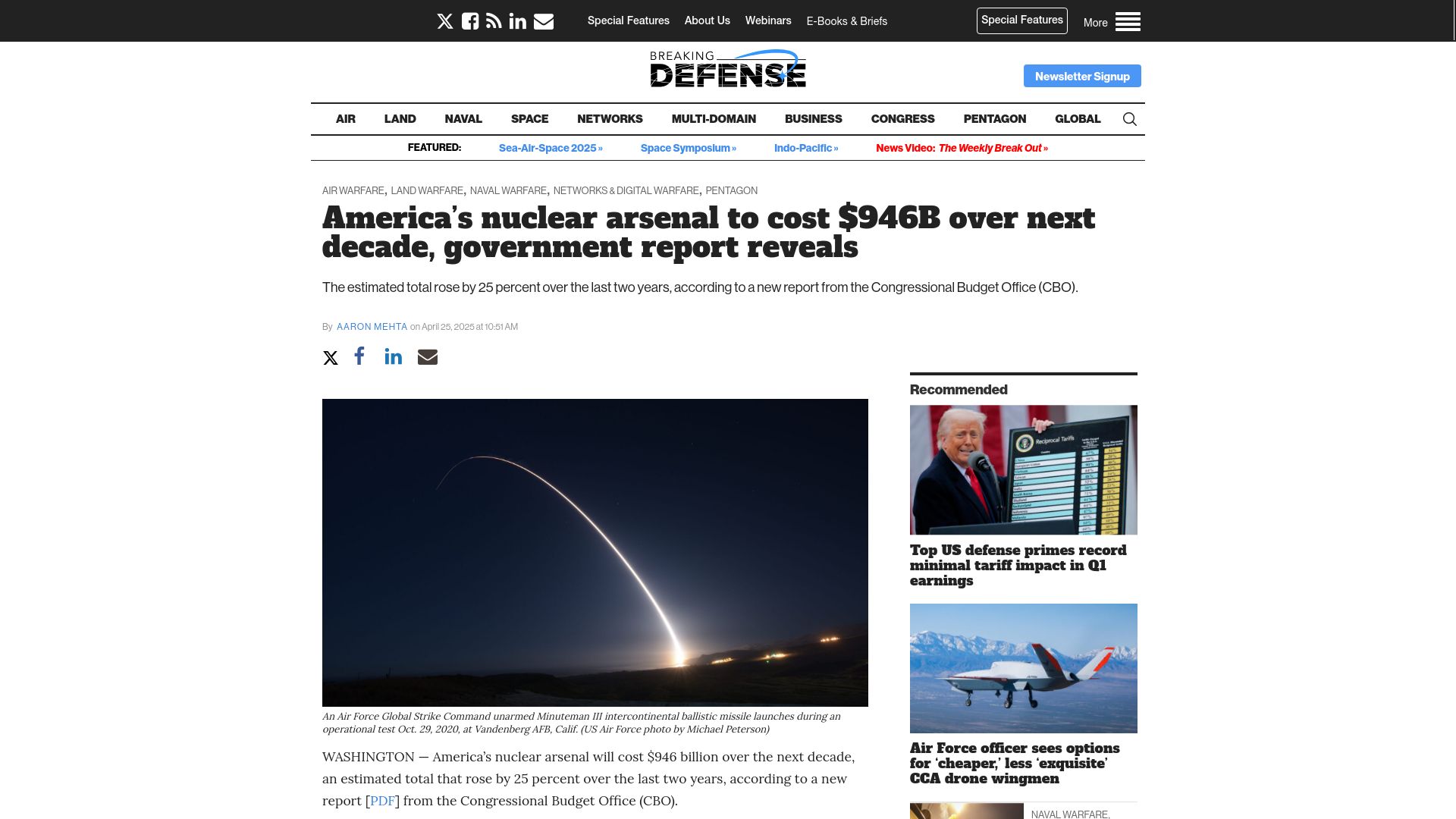 Screenshot of breakingdefense.com: America's nuclear arsenal to cost $946B over next decade