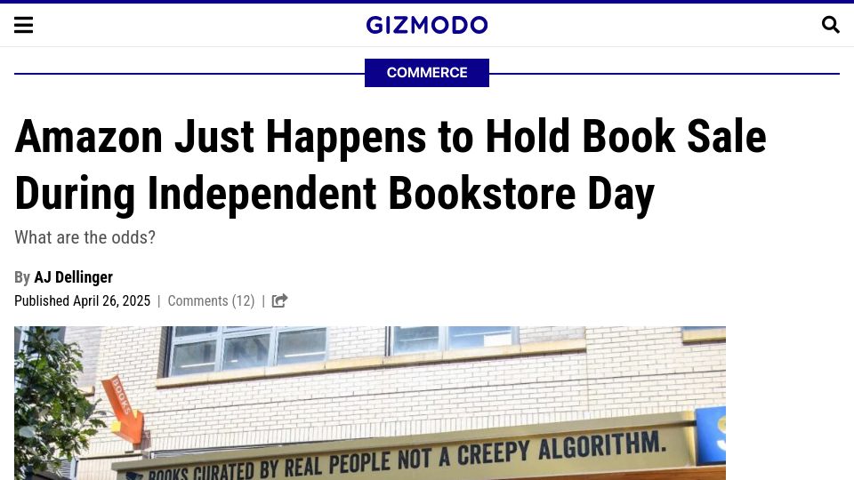 Screenshot of gizmodo.com: Amazon Just Happens to Hold Book Sale During Independent Bookstore Day