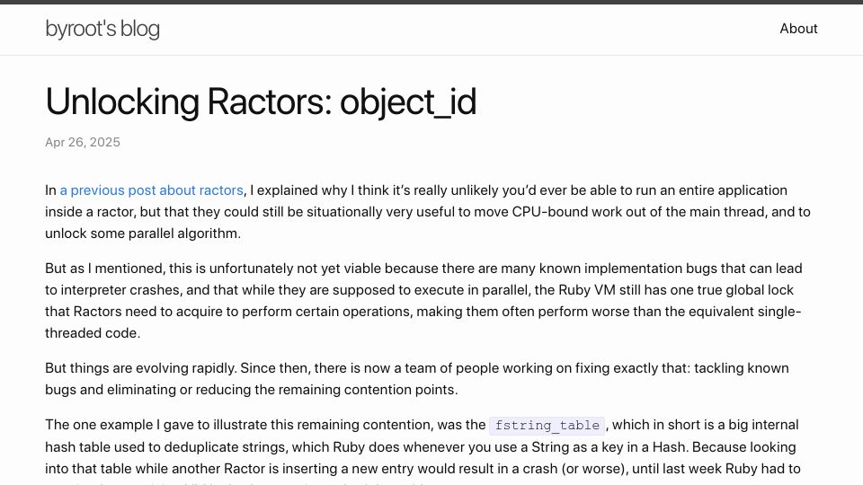 Screenshot of byroot.github.io: Unlocking Ractors: Object_id