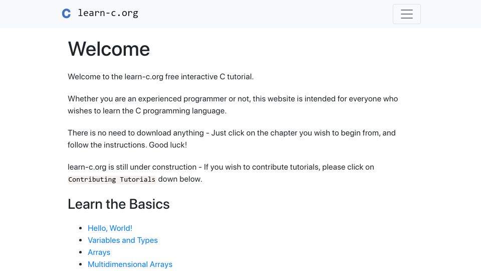Screenshot of learn-c.org: Open-source interactive C tutorial in the browser