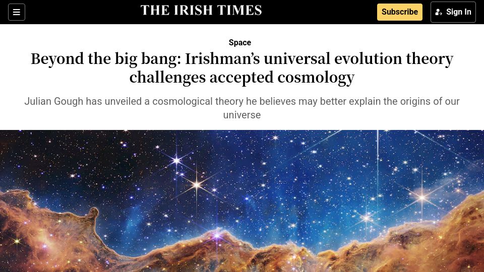 Screenshot of irishtimes.com: Irishman's universal evolution theory challenges accepted cosmology