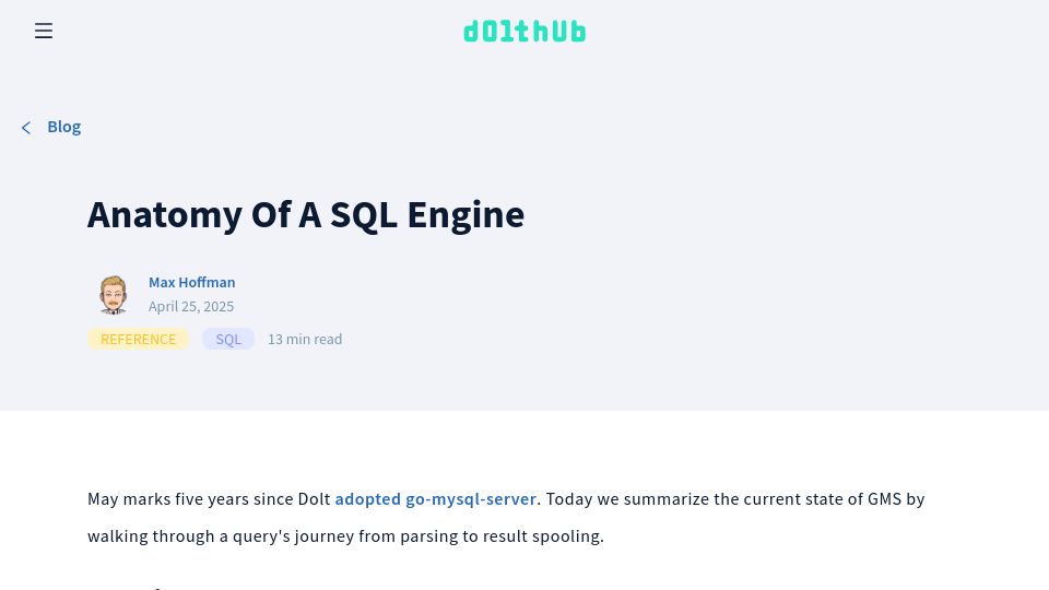 Screenshot of dolthub.com: Anatomy of a SQL Engine